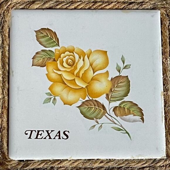 Handcrafted Texas Yellow Rose Ceramic Tile Jute Composite Board Trivet Decor - Picture 5 of 8